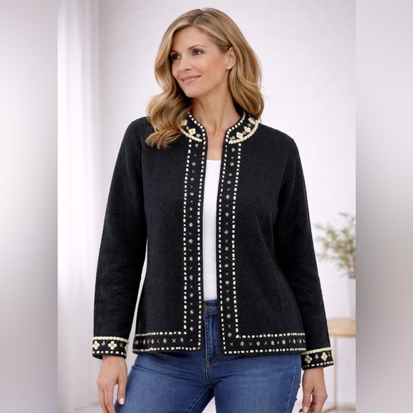 Alexandra Bartlett Sweaters - Alexandra Bartlett Black Wool Embroidered Jacket Cardigan XL Boho Artisan